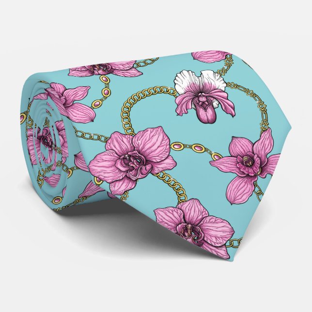 Orkidéer och kedjor, rosa och blått slips (Rullad)