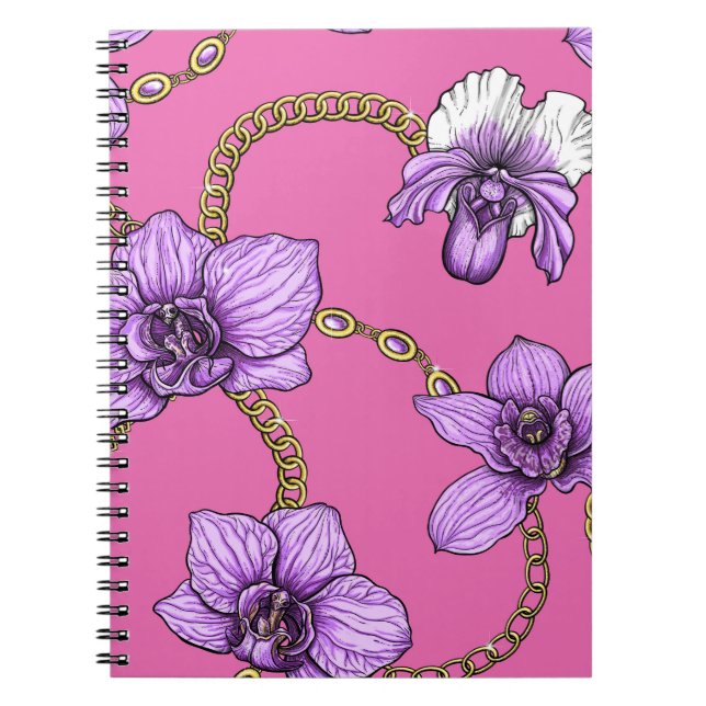 Orkidéer och kedjor, violett och rosa anteckningsbok (Framsidan)