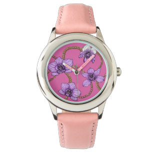 Orkidéer och kedjor, violett och rosa armbandsur