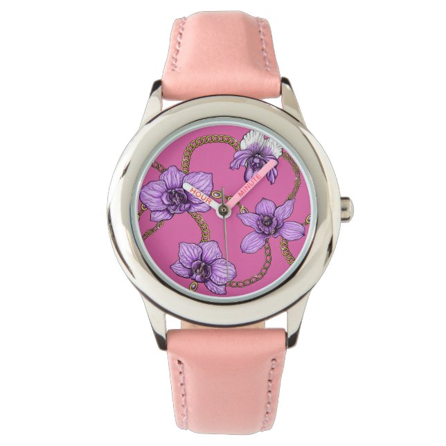 Orkidéer och kedjor, violett och rosa armbandsur (Framsida)