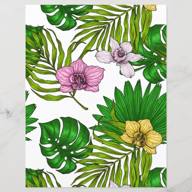 Orkidéer och palmlöv, rosa, gula, gröna och v (Framsida)