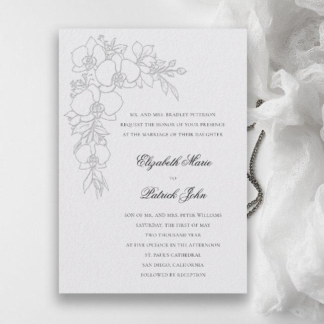Orkidékrans Formell Traditionell Elfenbensvit Bröl Inbjudningar (orchid wedding invitation ivory garland formal modern classic traditional black tie parents hosting)