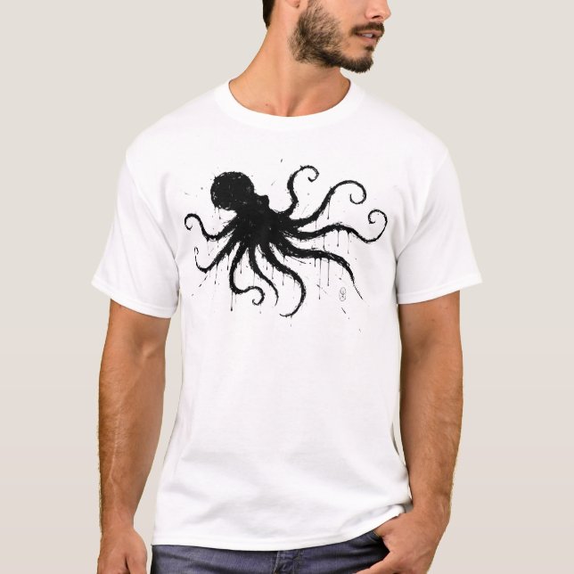 Orkney Dark Ink Illustration – Grasping Octopus T Shirt (Framsida)