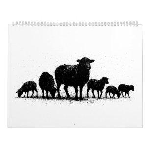 Orkneyfår — flock i svart silhuett kalender