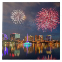 Orlando Florida Sjö Eola Fireworks & Fontän Kakelplatta