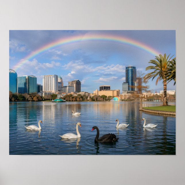Orlando Florida Skyline Lake Eola Rainbow & Swans Poster (Framsidan)