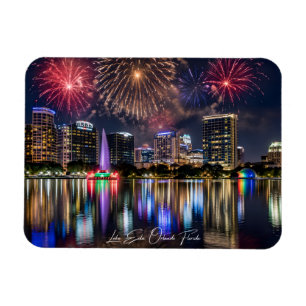 Orlando Florida Stadssiluett med Lake Eola Eldshow Magnet