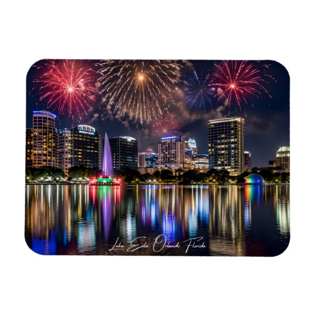 Orlando Florida Stadssiluett med Lake Eola Eldshow Magnet (Horisontell)