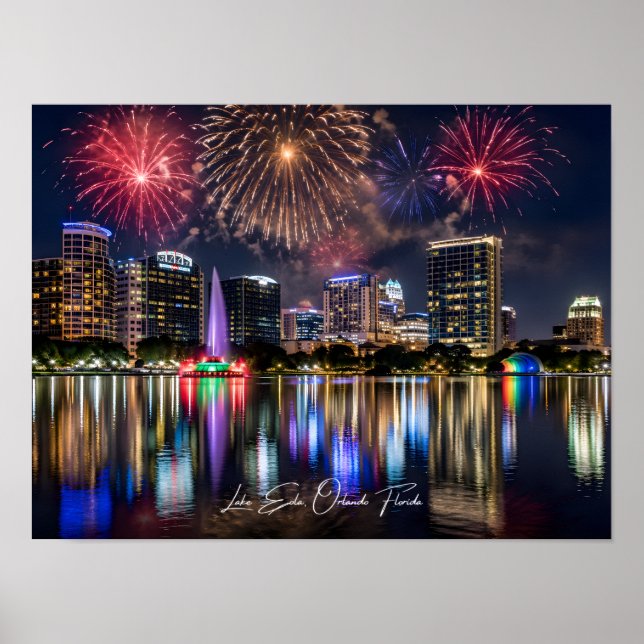 Orlando Florida Stadssiluett med Lake Eola Eldshow Poster (Framsidan)