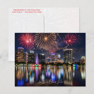 Orlando Florida Stadssiluett med Lake Eola Eldshow Vykort