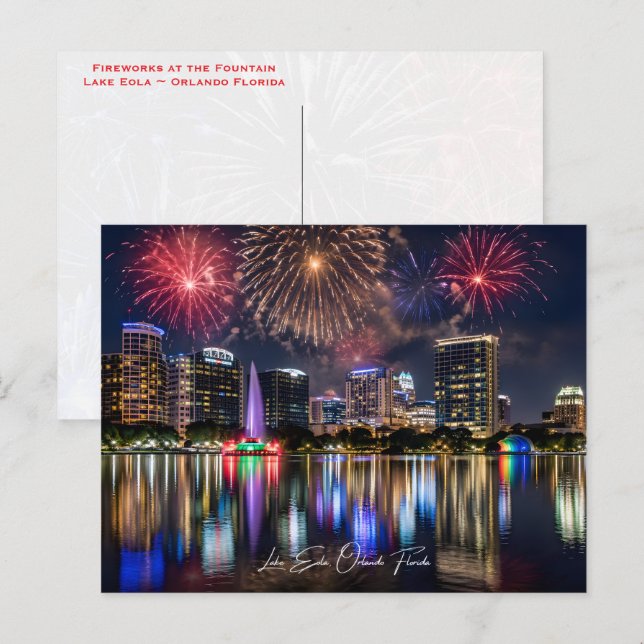 Orlando Florida Stadssiluett med Lake Eola Eldshow Vykort (Fram/baksida)