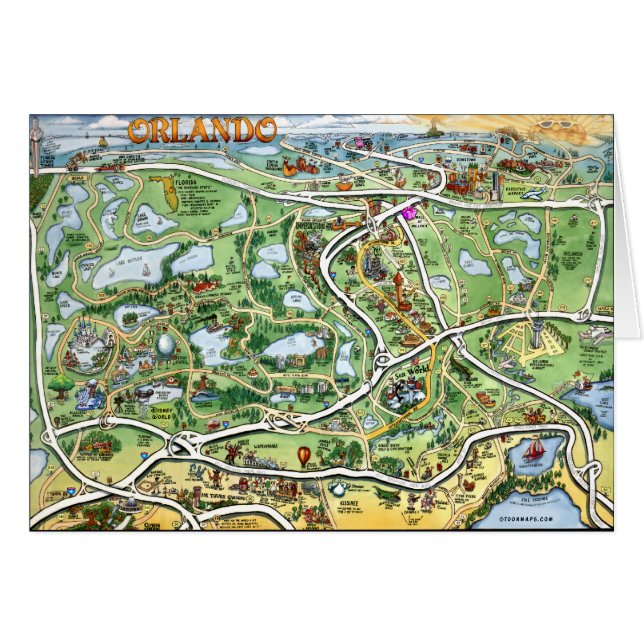 Orlando Florida Tecknad Karta Hälsningskort (Framsidan Horizontal)