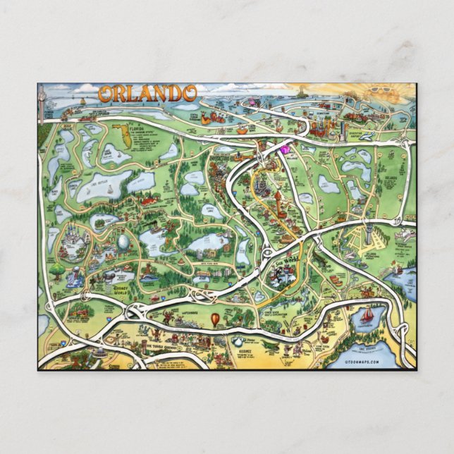 Orlando Florida Tecknad Karta Vykort (Framsida)