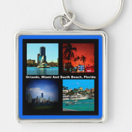Orlando, Miami, South Beach Collage Fyrkantig Silverfärgad Nyckelring