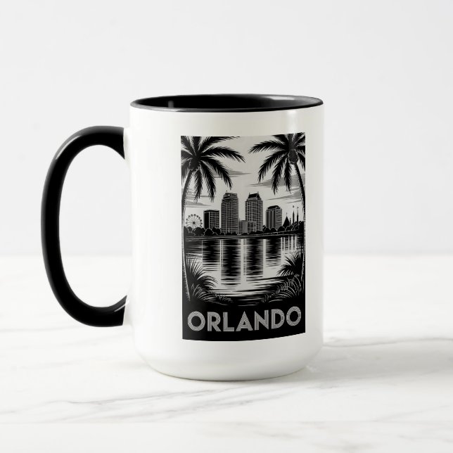Orlando Skyline Black and White Woodcut Lake Eola Mugg (Vänster)