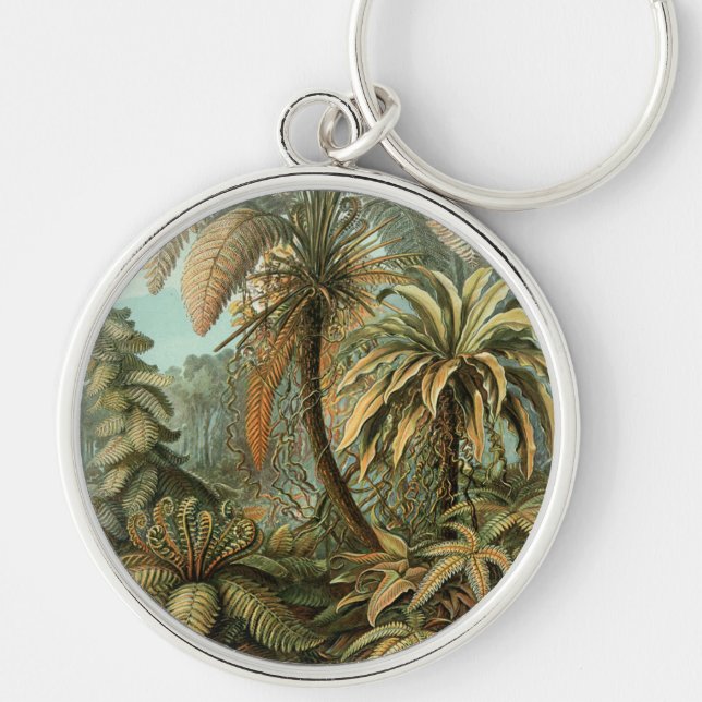 Ormbunks Palmträd Antik Botanisk Ormbunks Konst Rund Silverfärgad Nyckelring (Framsidan)
