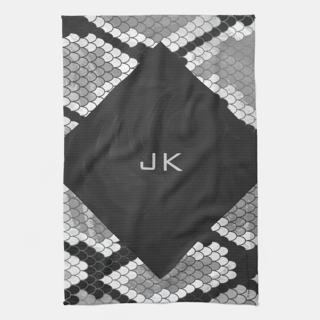 Ormgiv Gray, Vit, och Svart Monogrammerad Kökshandduk (Vertikal)