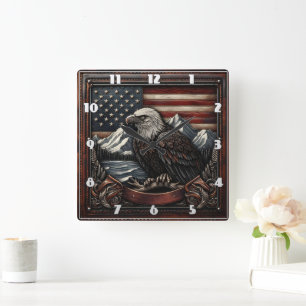 Örn Designad mot amerikanska Flagga Motif Fyrkantig Klocka