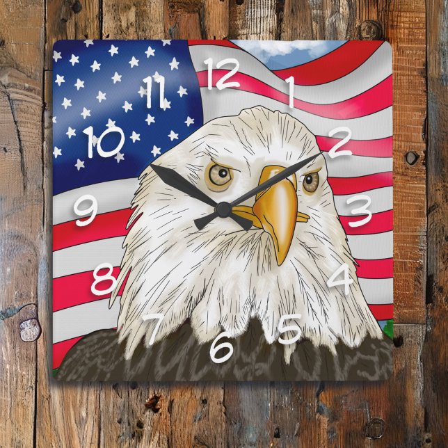 Örn framför American Flagga Patriotic Art Fyrkantig Klocka (Skapare uppladdad)