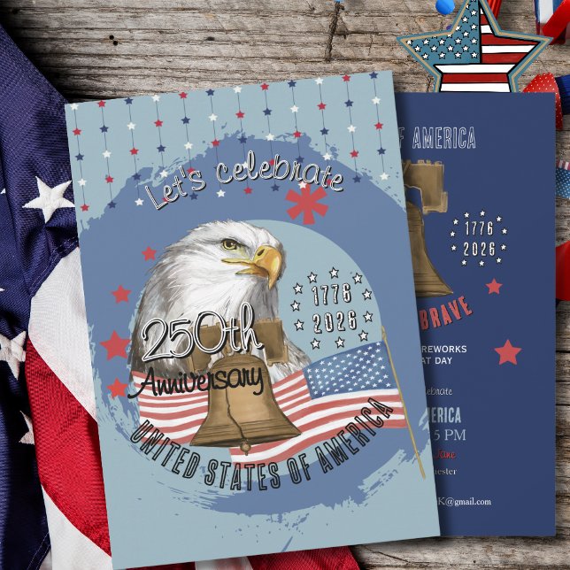 Örn & Frihetsklocka USA:s 250-årsjubileum Blå Inbjudningar (Vintage Eagle & Liberty Bell USA 250th Anniversary Invitation)