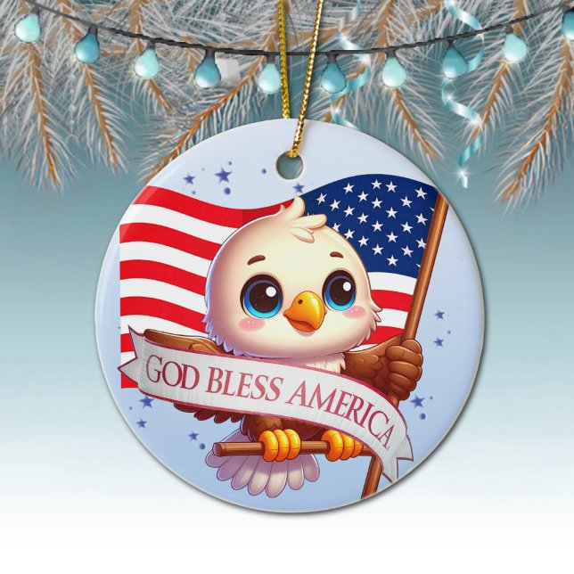 Örn Gud välsigne Amerika USA Flagga Patriotisk Julgransprydnad Keramik (Patriotic Ornament USA Flag Hanging Xmas Tree Decor American Eagle Decoration God Bless America 🎄)