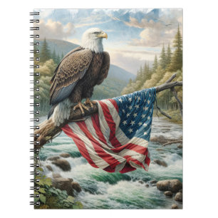 Örn med amerikansk Flagga vid Träd Gren Anteckningsbok