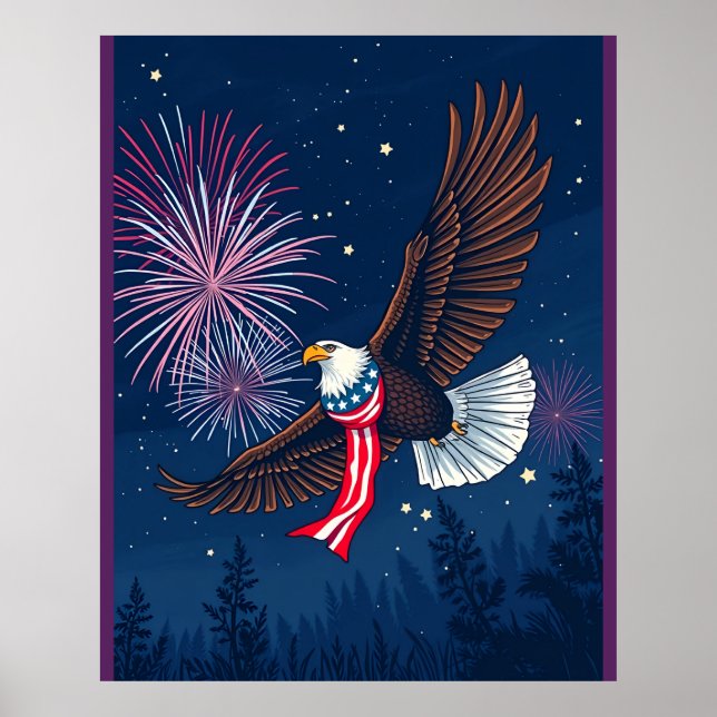 Örn med USA flagga Scarf och Fireworks Poster (Framsidan)