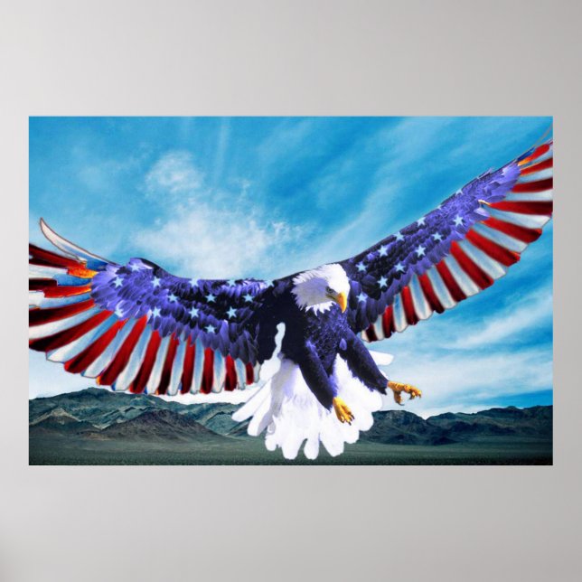Örn som flyger i himlar med en amerikansk flagga poster (Framsidan)