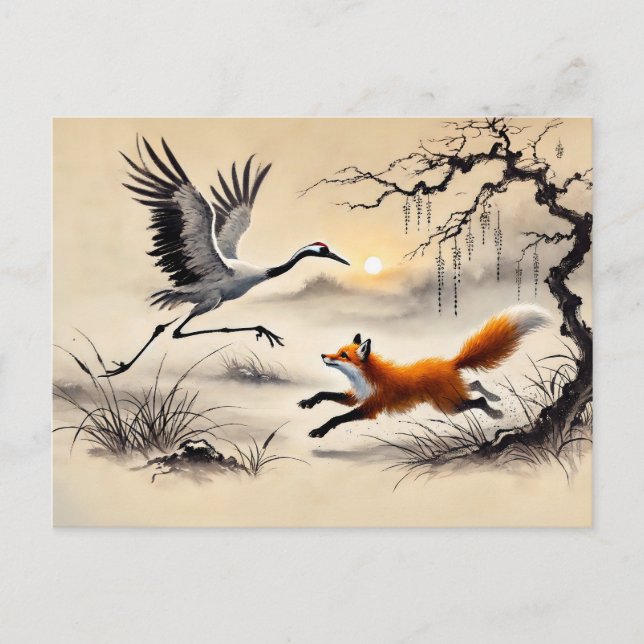 Örn som jagar en trana kinesisk tuschmålning vykort (Framsida)