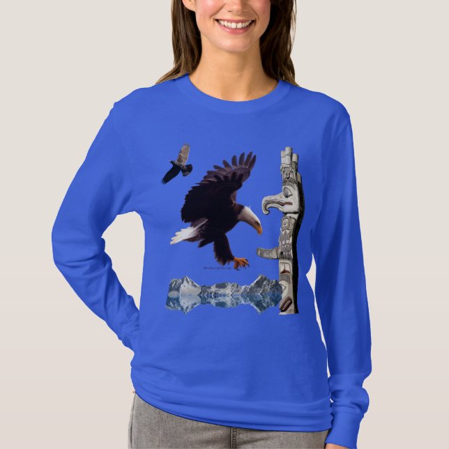 Örn, Totem Pole, Raven & Mountain-scenen T-shirt (Framsida)