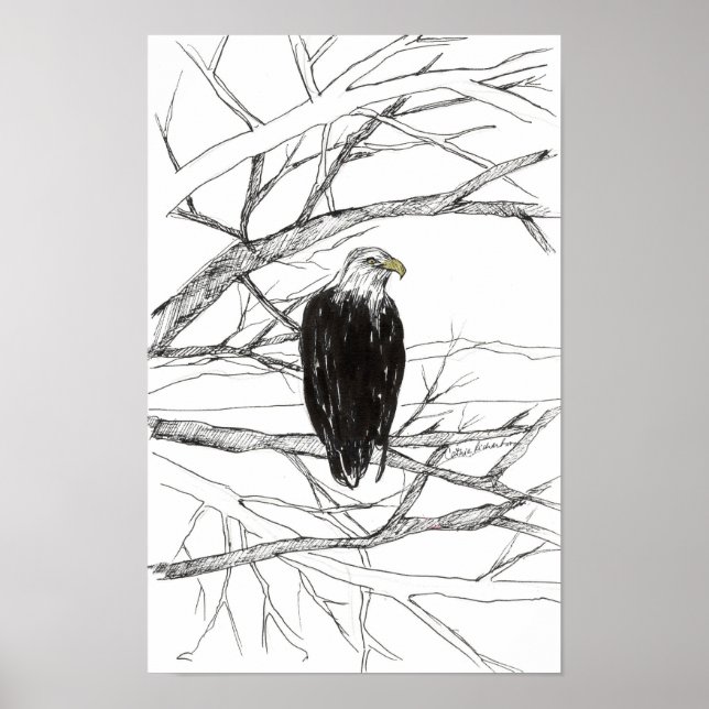 Örn Träd Öken Landskap Bläck Skiss Poster (Framsidan)
