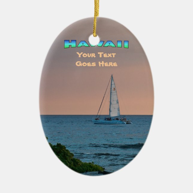 Ornament: Blue Catamaran Sunset (Oval) Julgransprydnad Keramik (Framsidan)