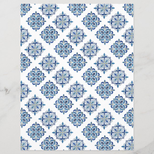 Ornament broderad blå på vit reklamblad (Framsidan)