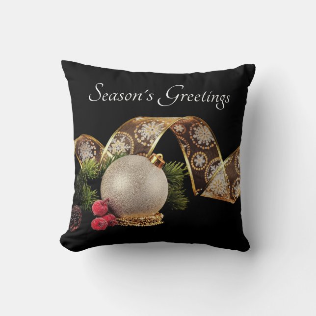 Ornament, Evergreen och Guld Ribbon Kudde (Framsida)