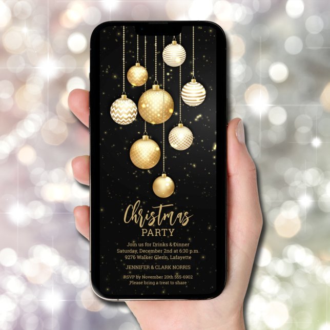 Ornament guld Julgran Inbjudningar (Gold Christmas Tree Ornaments Invitations - INSTANT DOWNLOAD and/or PRINTED)