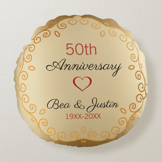 Ornament guld och Beige Rund Kudde (Framsidan)