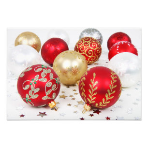 Ornament guld, röda prydnadsföremål, jul, Glitter Fototryck
