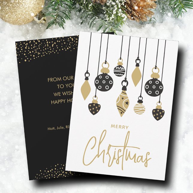 Ornament i chic Julgran Julkort (Black and gold Christmas tree ornaments on holiday greeting cards, PRINTED and/or INSTANT DOWNLOAD)
