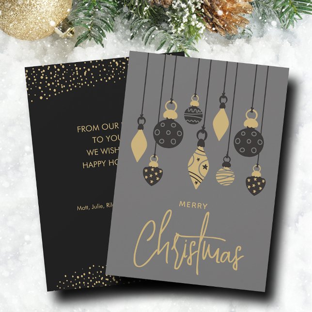 Ornament i chic Julgran Julkort (Black and gold Christmas tree ornaments on holiday greeting cards, PRINTED and/or INSTANT DOWNLOAD)