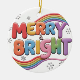 Ornament i keramisk cirkel, Merry & Bright