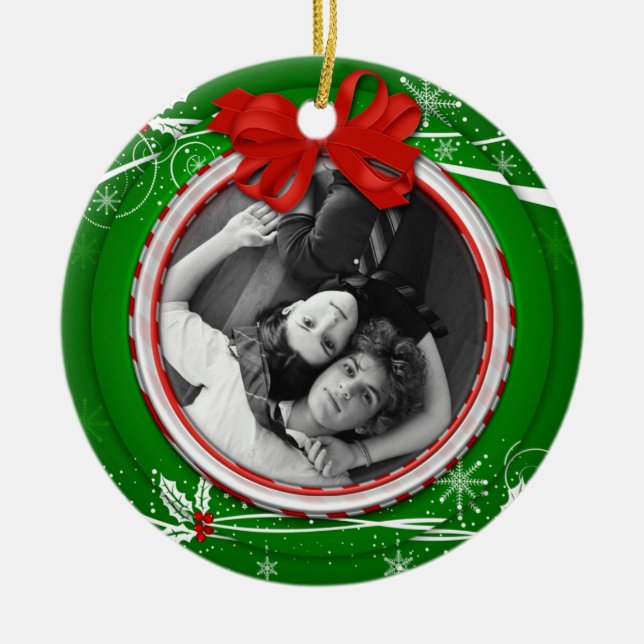 Ornament Red Grönt Holly Ribbon 1:a jul (Framsidan)