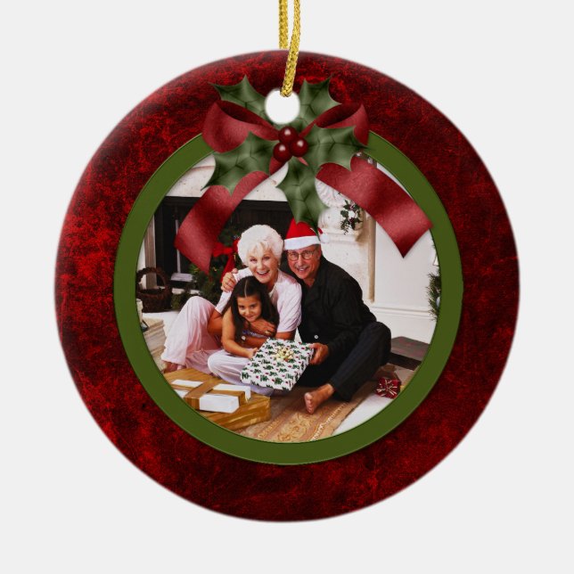 Ornament Red och Grönt Holly Bow Julfoto (Framsidan)