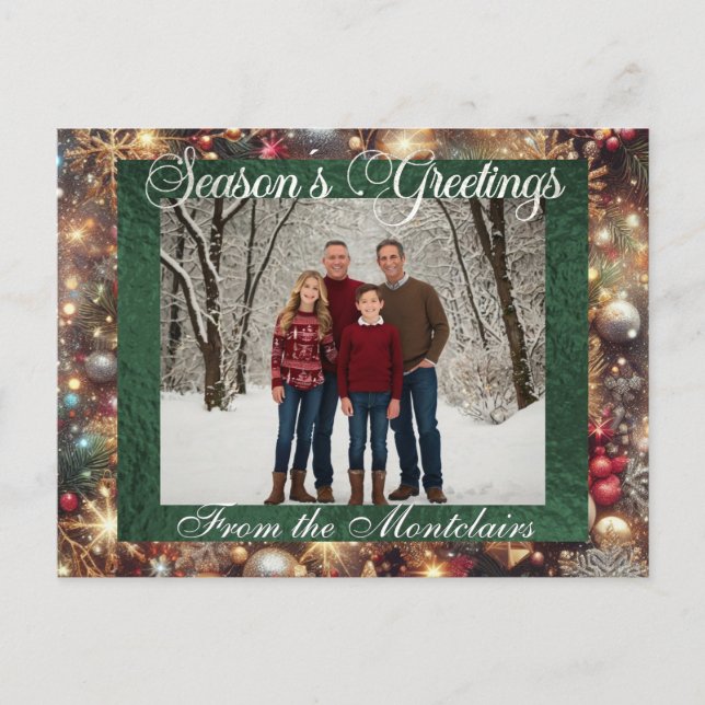 Ornament, Silver-skript och ramfoto - Grönt Helg Vykort (Framsida)