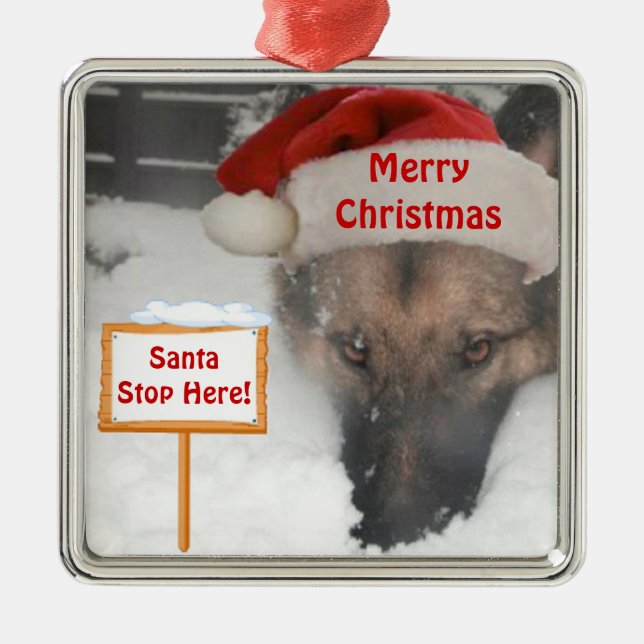 Ornament Tysk Shepherd Santa Stop here-skylt (Framsidan)