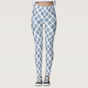 Ornament utsmyckad blå på vit leggings