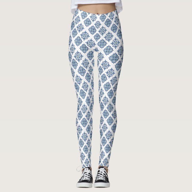 Ornament utsmyckad blå på vit leggings (Framsida)