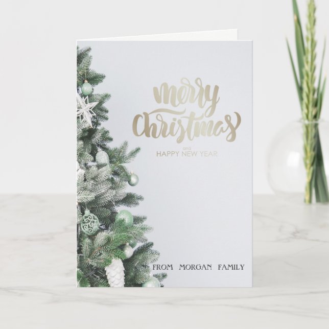 Ornament vid elegant Silver Glitter Julgran Helgkort (Framsida)