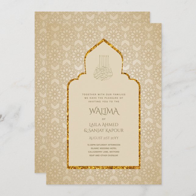 Ornamental Bilingual WALIMA Nikah Muslim Bröllop Inbjudningar (Fram/baksida)