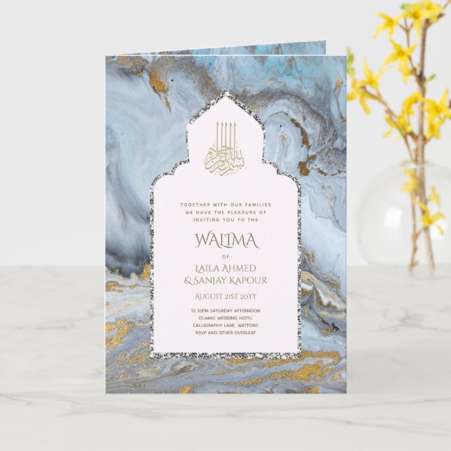Ornamental Bilingual WALIMA Nikah Muslim Bröllop Kort (Gul blomma)