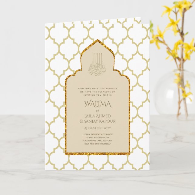 Ornamental Bilingual WALIMA Nikah Muslim Bröllop Kort (Gul blomma)